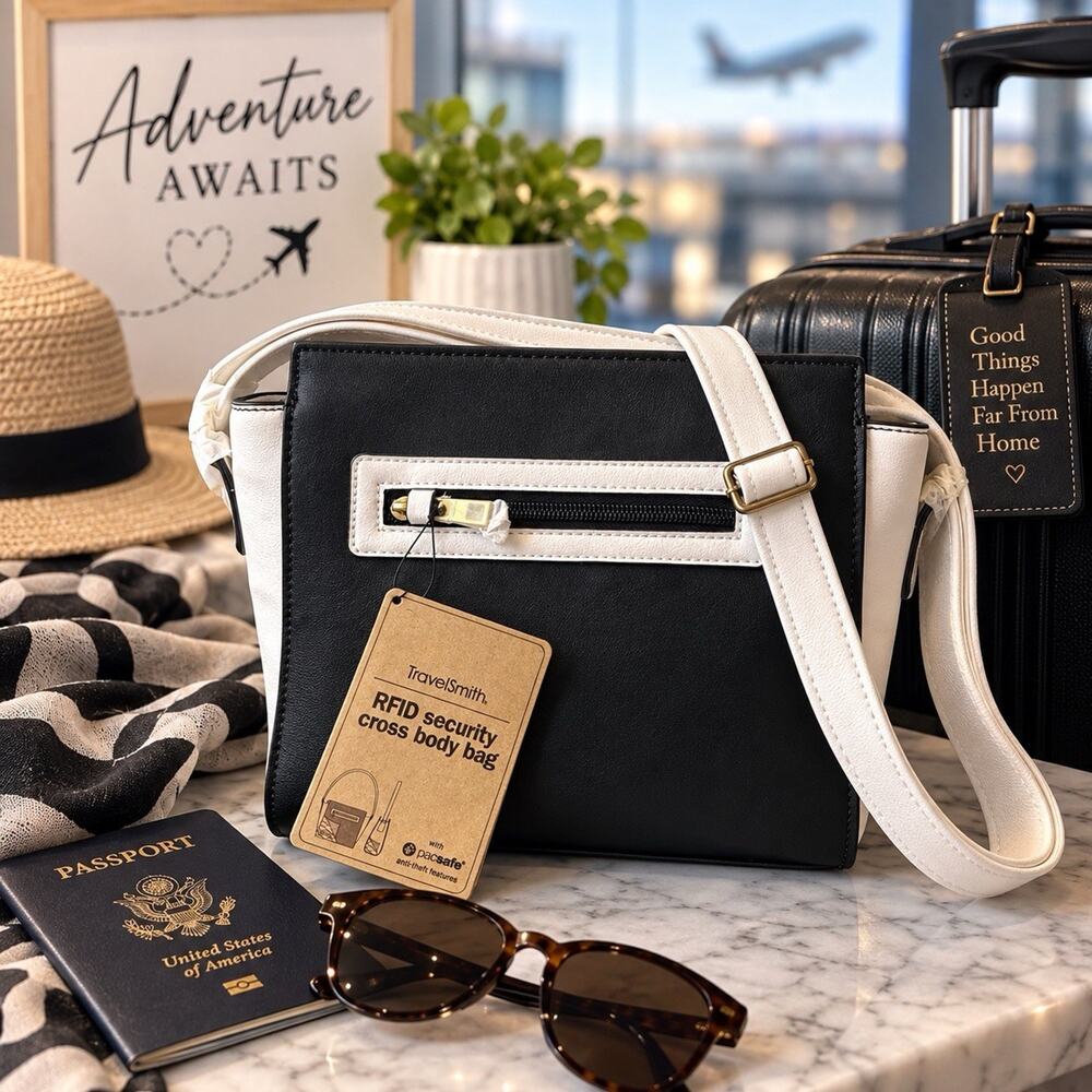 TravelSmith RFID Security Crossbody Bag Pacsafe Anti-Theft Black White NWT